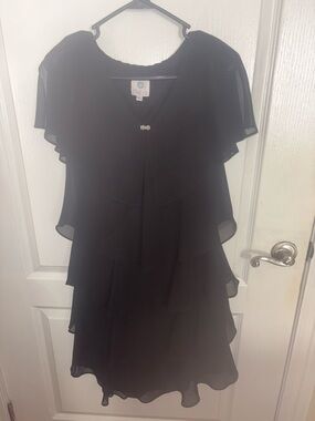 Patra Black Layered Chiffon Midi Dress with Decorative Pin